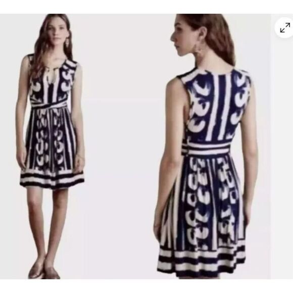 Maeve Dresses & Skirts - Maeve Navy & White Sleeveless Patterned Fit-and-Flare Midi Dress